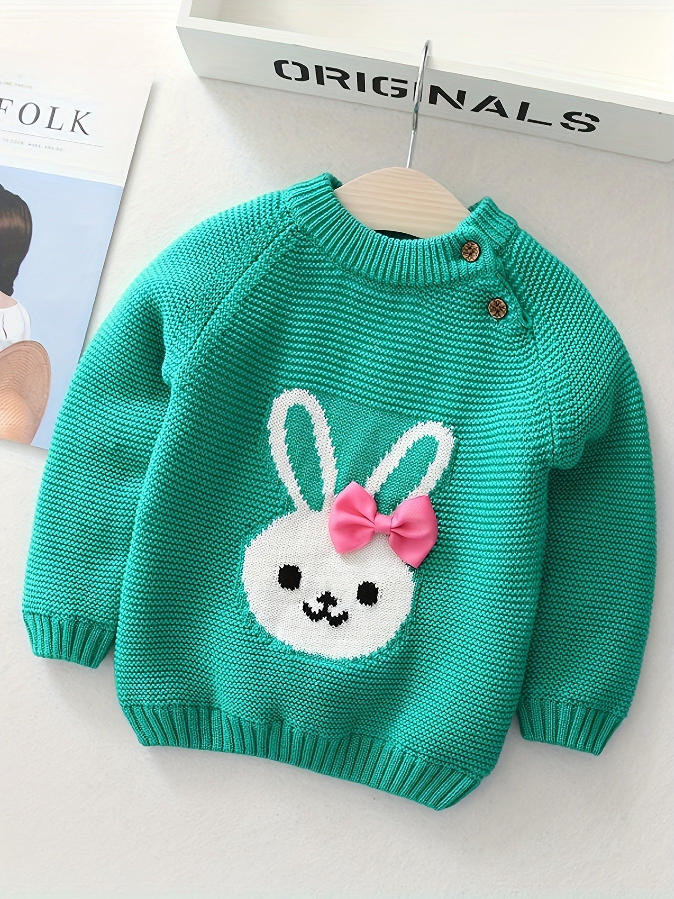 Girls' Knit Bunny Pullover Sweater with Bow - Warm Winter Cotton