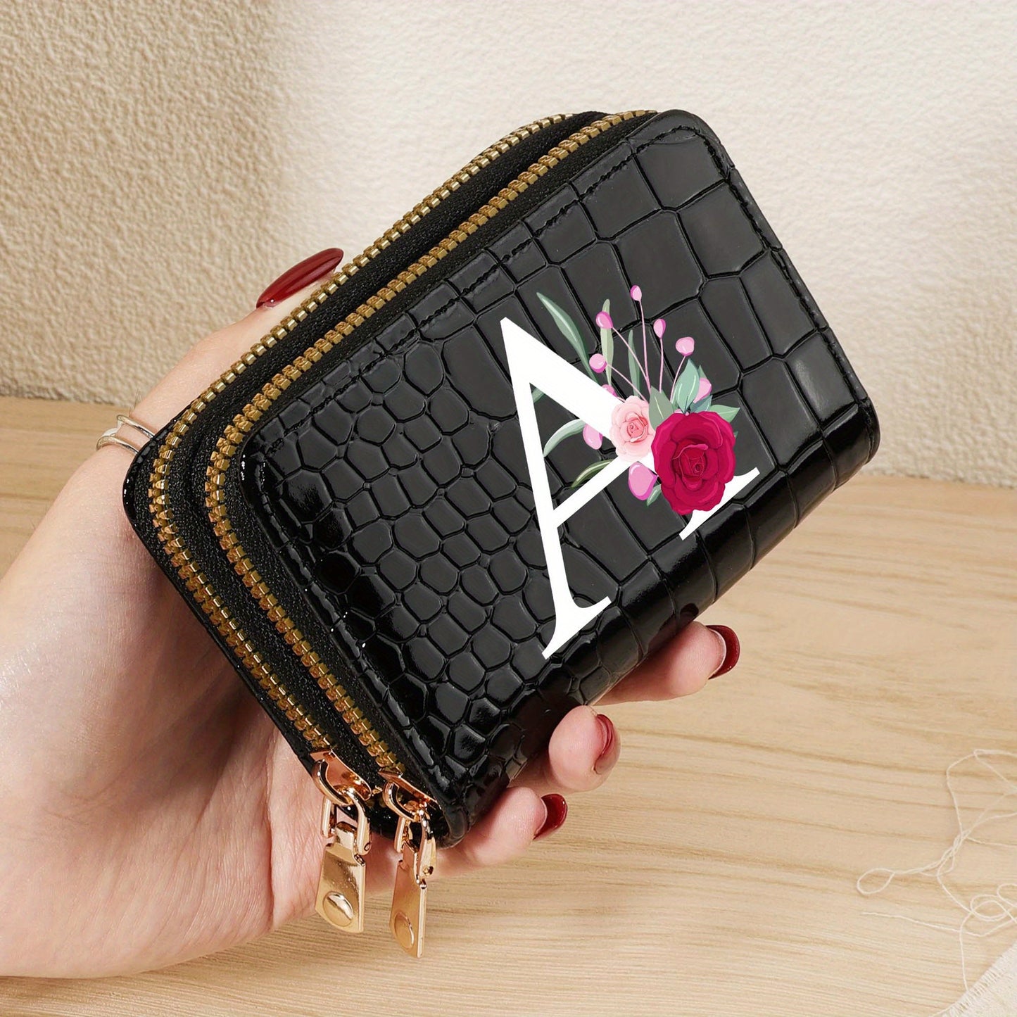 Minimalist Women'S Short Wallet Featuring a Double Zipper Design, with a Crocodile A-Z Letter Pattern. This Stylish Handbag Also Serves As a Fashionable Coin Wallet, Perfect for Travel, Back-To-School, Or Parties.