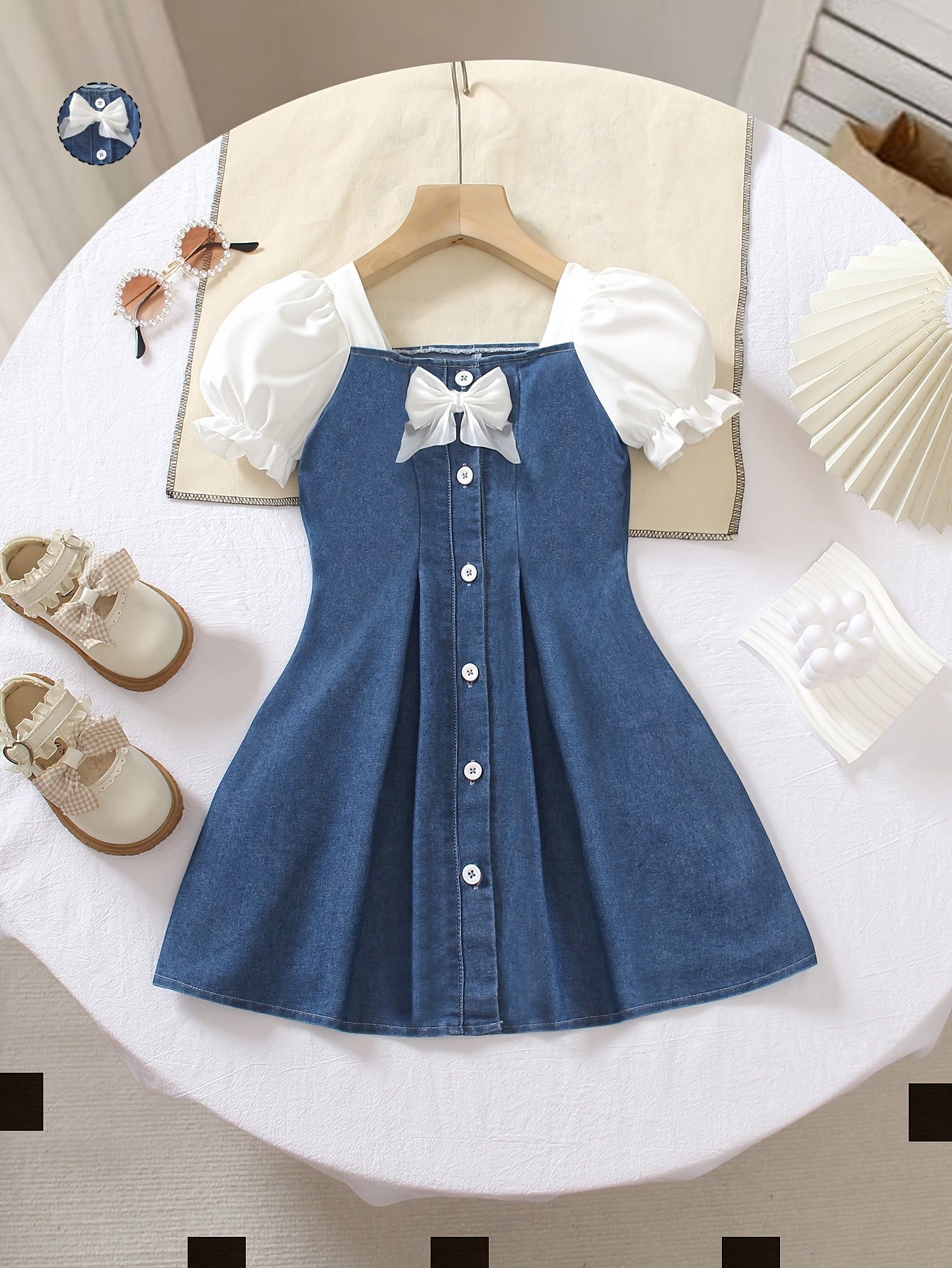 Girls' Casual Knee-Length Denim Dress with Bow & Square Neck