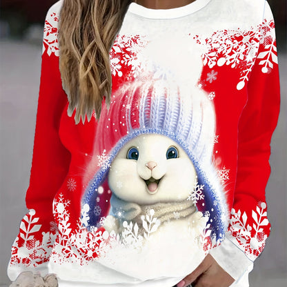 Women'S Red & Christmas Sweater - Long Sleeve Round Neck Winter Warmth with Snowman, Snowflakes & Poinsettia Print - All-Season Casual Pullover for Holiday