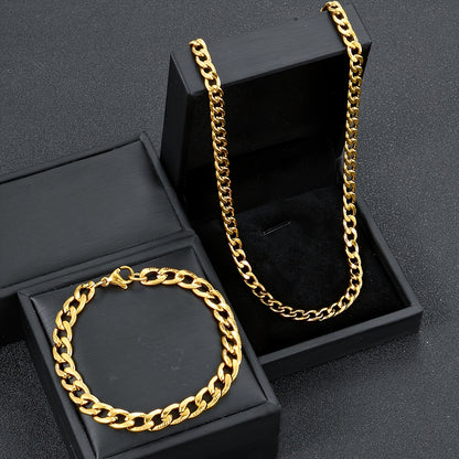 Stainless Steel Men's Jewelry Set, 19.69-inch Cuban Chain, Hip-hop Style Embossed Bracelet, Casual Wear and Holiday Gift - the Perfect Birthday Present