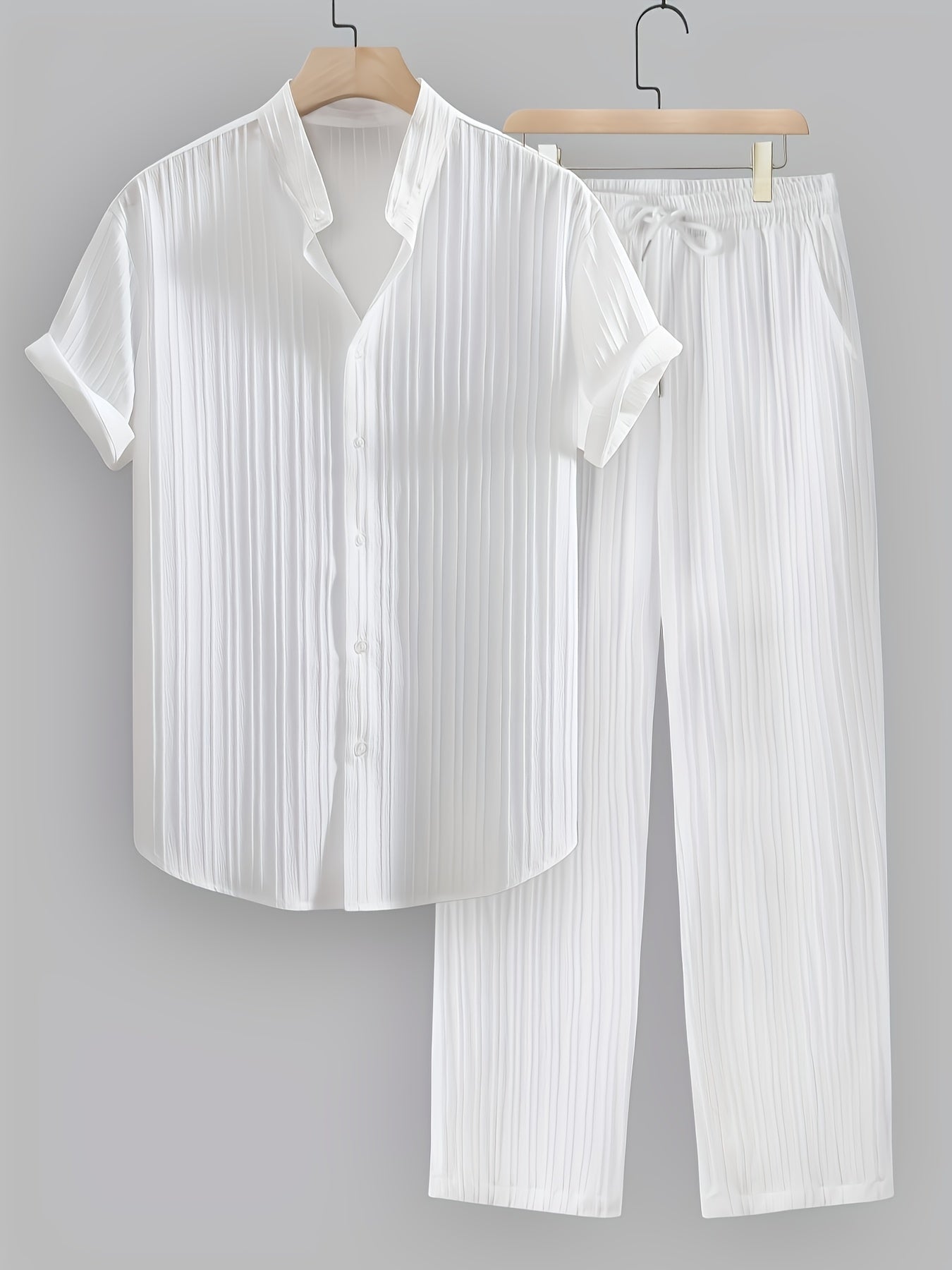 Men's Summer Casual Polyester Set with Stand Collar Shirt & Pants
