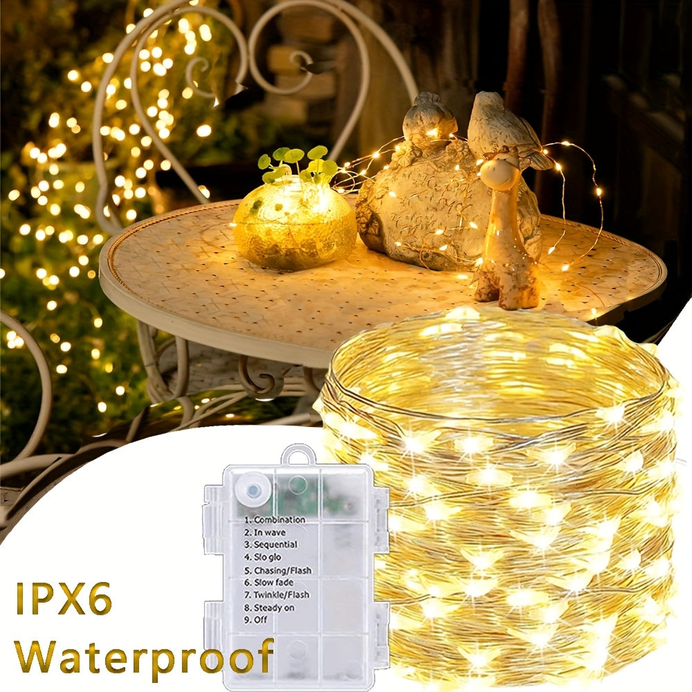 50/100 LED Christmas Fairy Lights Battery Operated 8 Modes String Lights Outdoor IPX6 Waterproof 4.88meter/10.06meter Silvery Battery Copper Wire Lights Camping lights Outdoor for Garden Patio Fence Party Decorations, Warm Wh