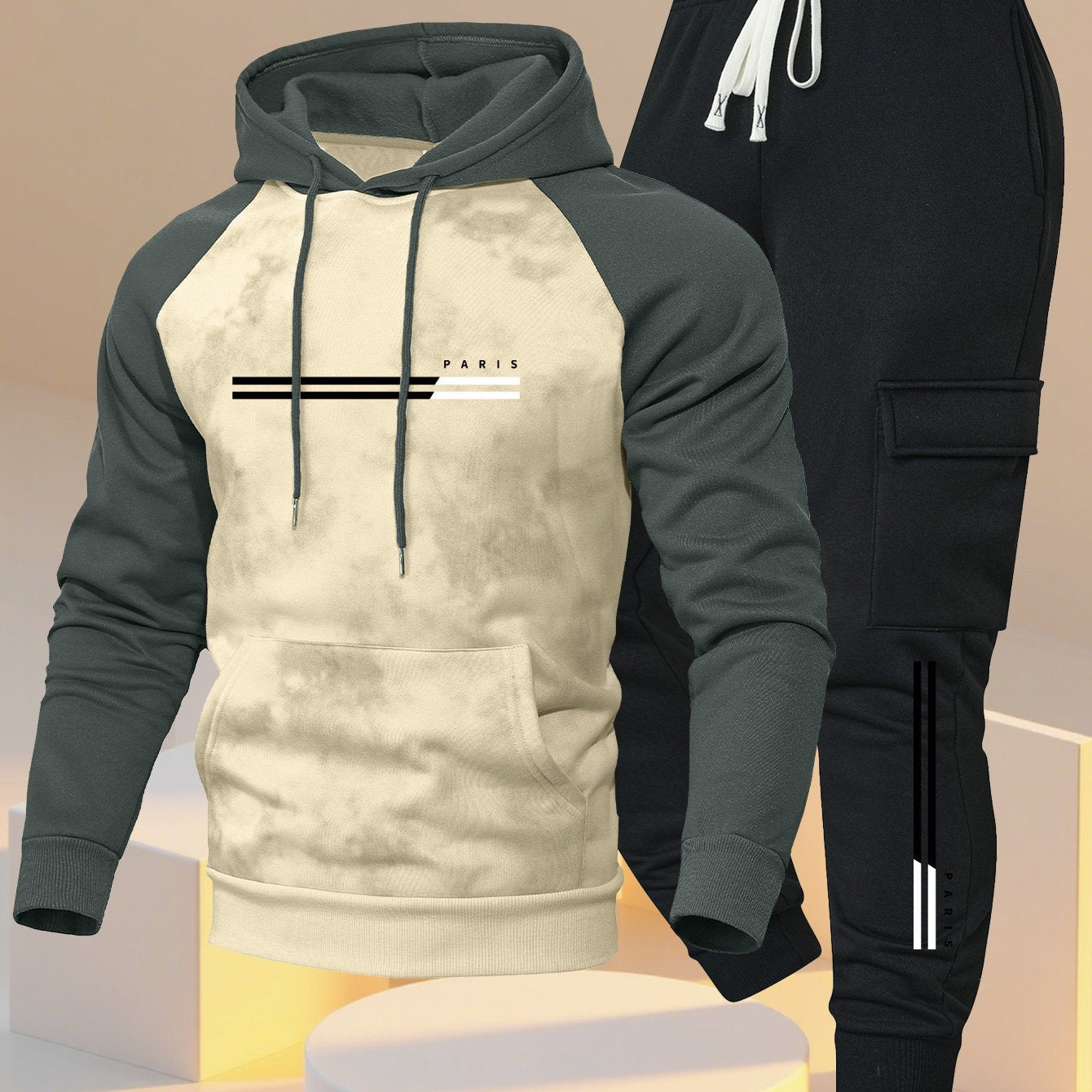 A New Trendy Color-Blocked Hoodie with Raglan Sleeves And Loose-Fitting Cargo Pants Featuring Multiple Pockets, Perfect for Casual Everyday Wear. This Breathable Hoodie And Loose Long Pants Set Comes in a Two-Piece Print Desi