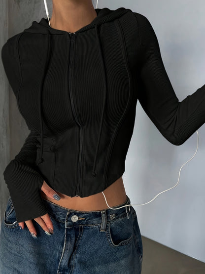 Women'S Elegant Zip-Up Hooded Jacket - Long Sleeve, Black Ribbed, Drawstring Front, Casual Style for Spring/Fall, Casual Outerwear | Hooded Jacket | Construction, Essential Hoodie