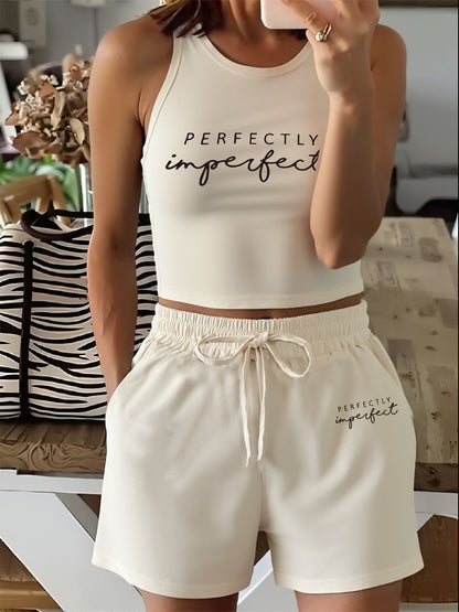 Women's Casual Vest and Shorts Set with Drawstring and Pockets
