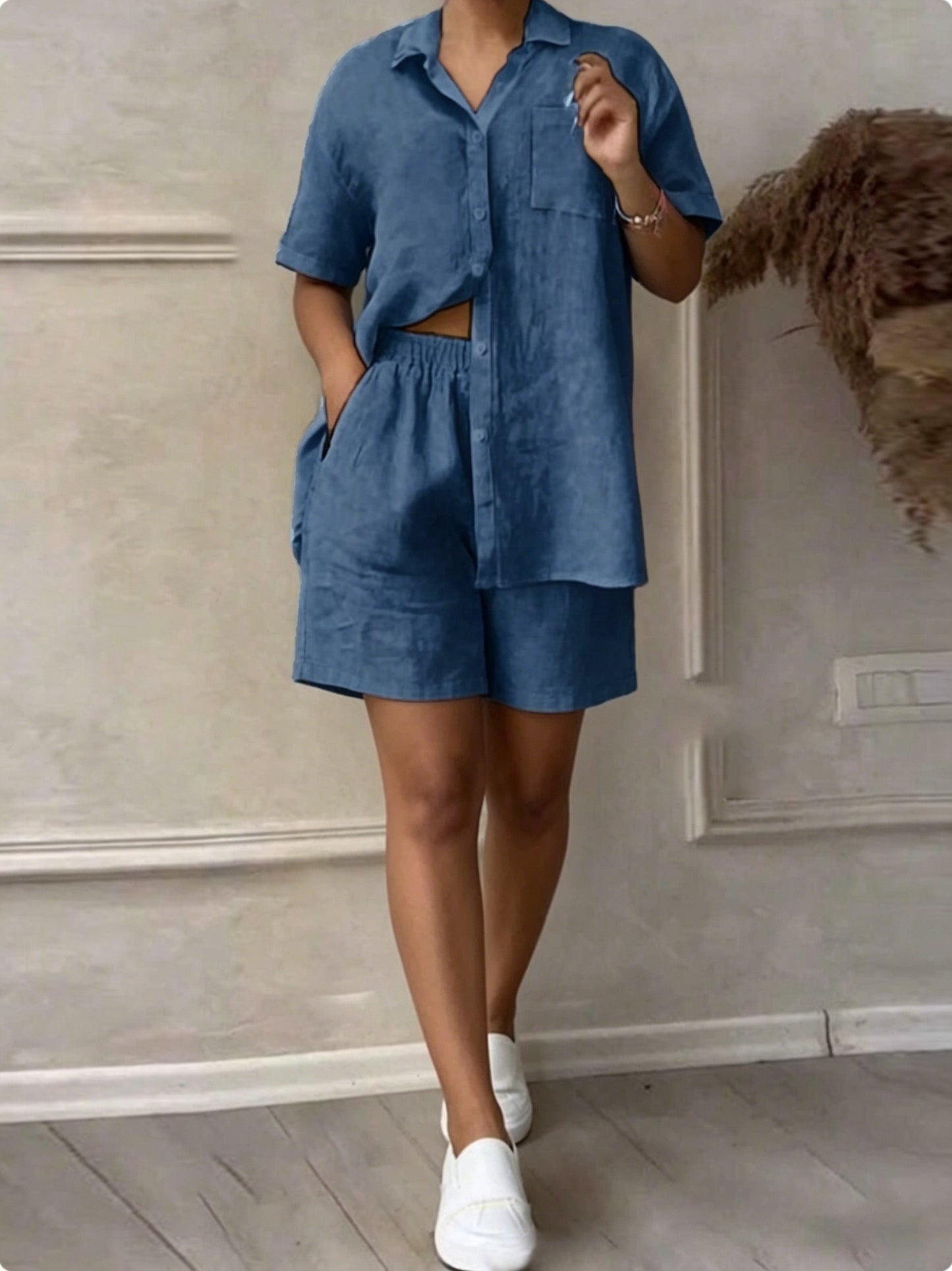 Women’s Casual Linen Blend Short Sleeve Shirt & Shorts Set