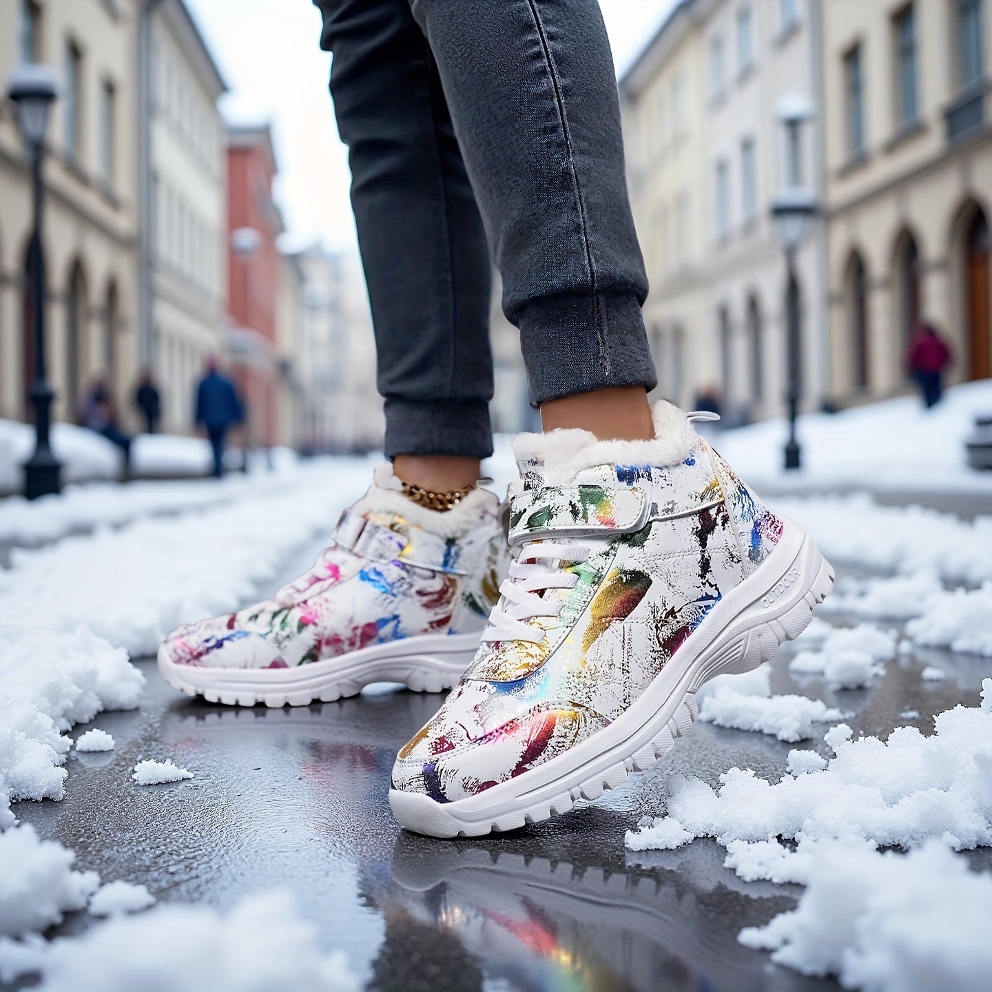 Women'S Plush Winter Snow Boots - Thick Cushioned Mid-Heel, Round Toe & Closure, Vibrant Floral Pattern, Warm Fleece Lining, Perfect for Casual & Formal Occasions, Snow Boots for Women, Formal Footwear, Decorative Pattern Foo