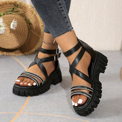 Women'S Summer Chunky Platform Sandals - Open-Toe Design with Adjustable Buckle Straps, White Faux Cover  Thick TPR Sole for Beach, Casual  Everyday Wear, Strappy Sandals, Beach Footwear, Stylish Footwear, Durable Footwear