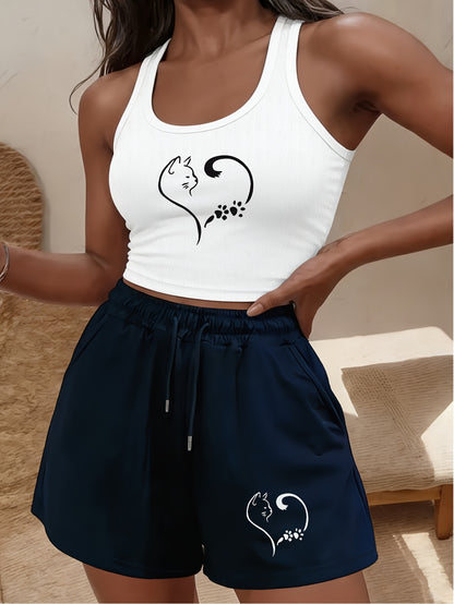 Buttery-Soft Crop Tank & Drawstring Shorts Set for Casual Wear