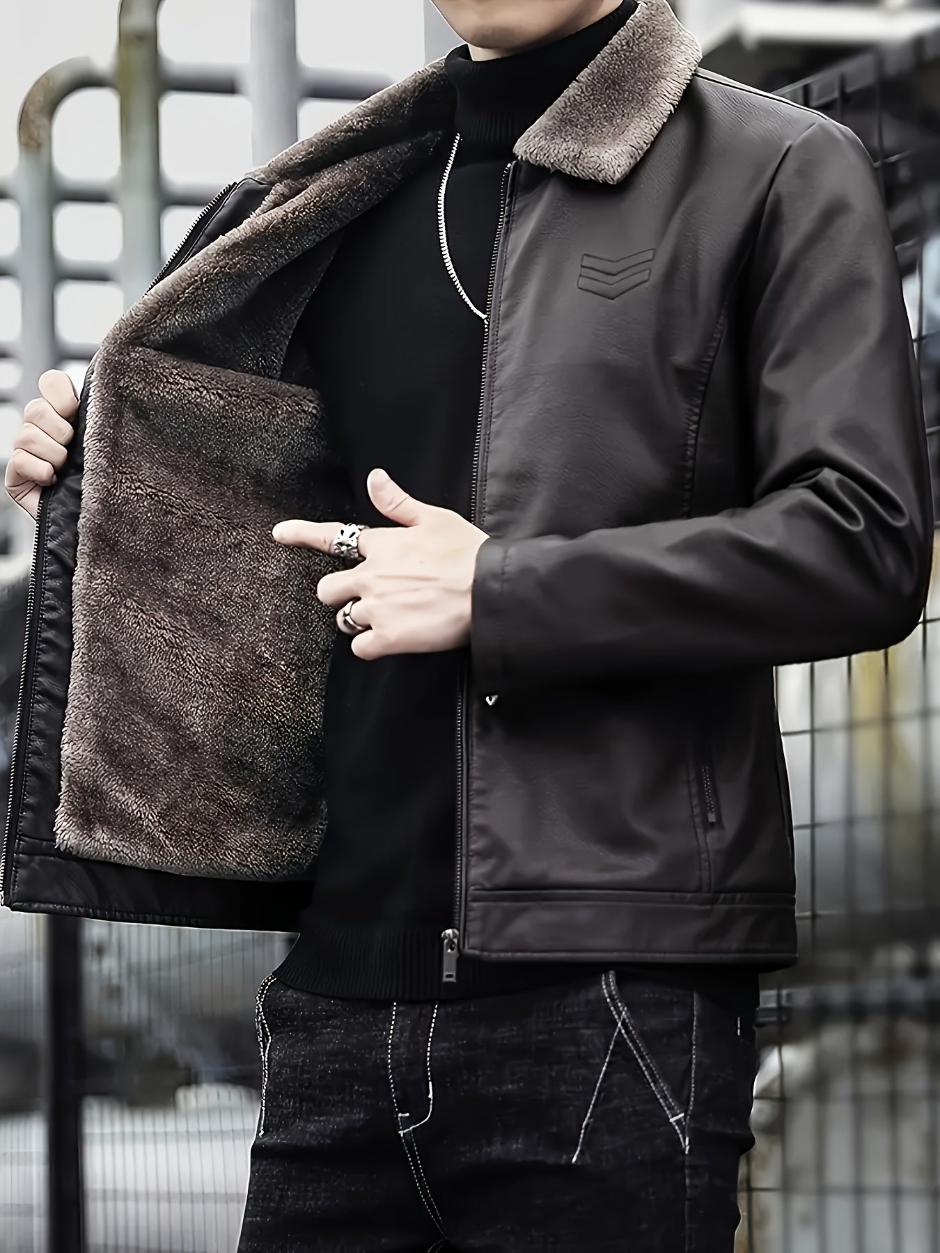 Siji Dou OBM Men's Coat, New Autumn/Winter Fleece-Lined Jacket with Faux Fur Collar, Trendy Casual Jacket for Men