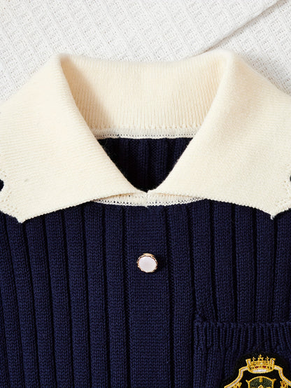 Girls' Preppy Knit Midi Dress with Embroidered Pattern, Long Sleeve