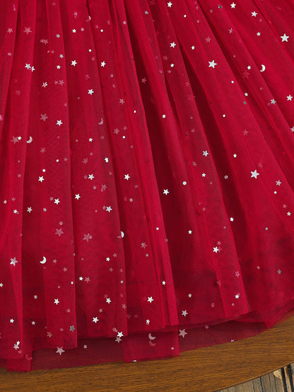 COVIVIKY Girls' Elegant Long Sleeve Party Dress with Puff Skirt & Sheer Panel - Knee-Length A-Line Wedding Prom Dress, Belted Waist Bow & Netting Trim, Hand Washable Winter Formal Gown for Girls (Age 4-12)