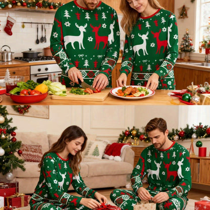 [MEN/WOMEN] Couple Style Christmas Pajamas Loungewear, New Year Gift Christmas Reindeer Print Top with Striped Pants, Long Sleeve Long Pants Pajama Set for Men or Women, Holiday Loungewear Set
