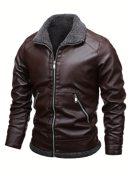 Men'S Heavy-Duty Fleece Jacket - Thick Winter Coat with Zipper Closure, Long Sleeve Motorcycle & Casual Outerwear - Brown/ - Non-Stretch Fabric for Cold Weather, Motorcycle Riding Gear, Vintage Style Jacket