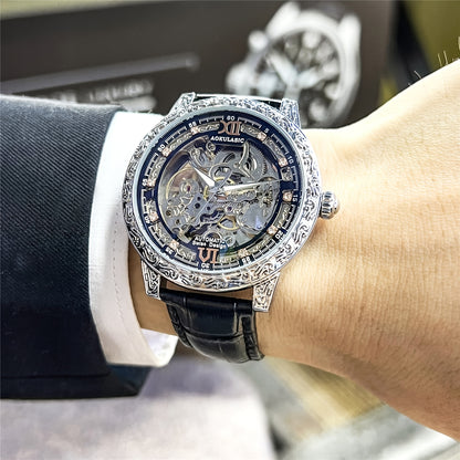Vintage Hollow Carved Automatic Mechanical Men'S Watch, Fashionable Luxury Men'S Watch, High-end Thickened Mechanical Style Hip-Hop Party Wristwatch, Without Battery
