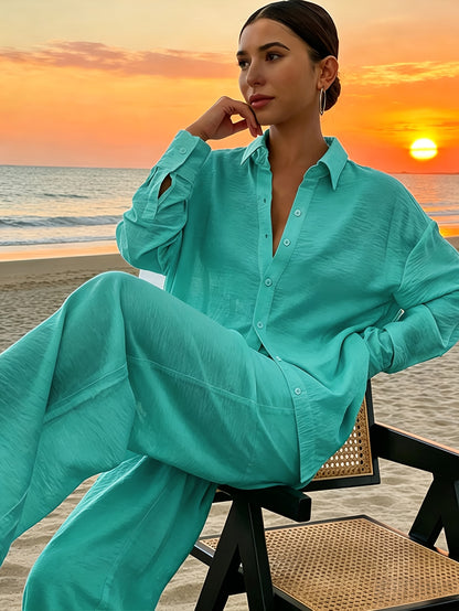 Elegant Solid Color Vacation Set: Loose Long-Sleeve Shirt & Wide-Leg P