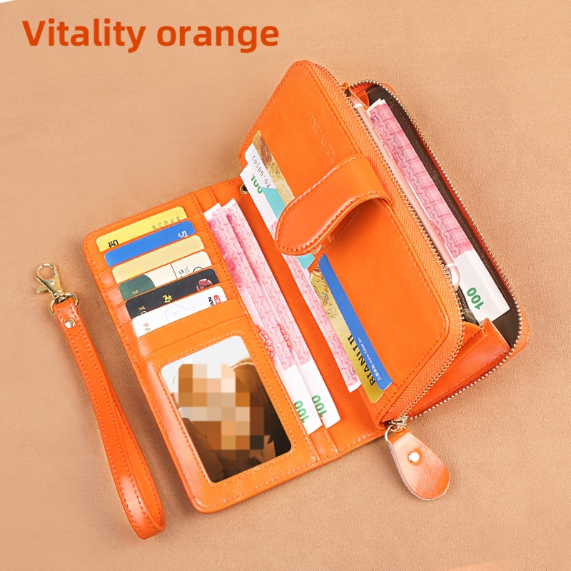 Two-Layer Cowhide Leather Clutch Wallet for Men & Women, Casual Large Capacity RFID Blocking Zippered Hand Purse with Transparent ID Slot and Anti-Theft Brush, Versatile for Going Out