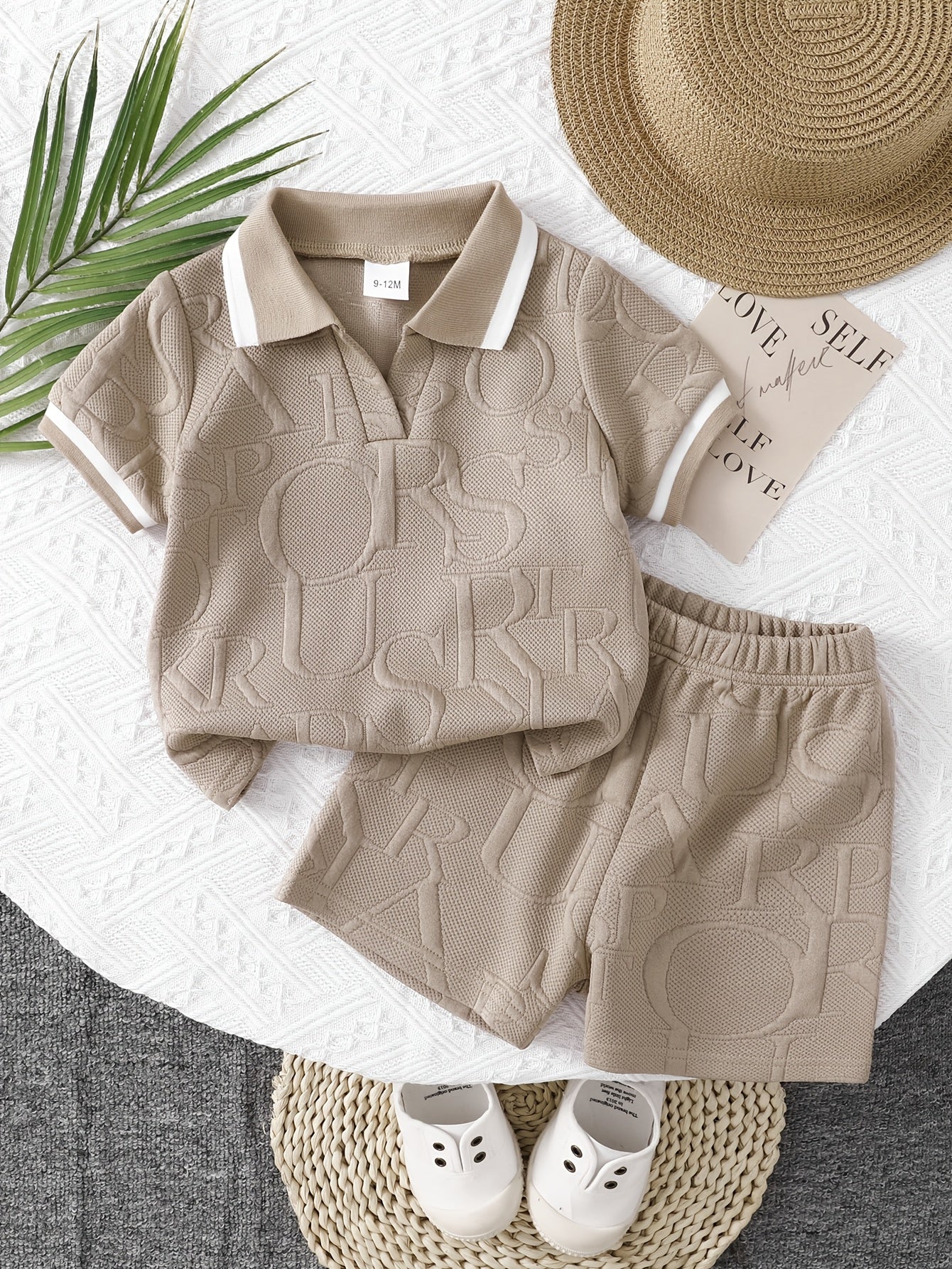 Baby Boy Khaki Lapel Shirt & Green Elastic Waist Shorts Set