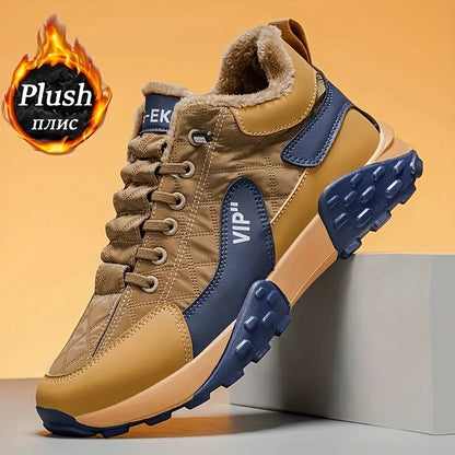 Men's Winter Warm Low-Top Ankle-High Hiking Boots with Plush Lining, Anti-Skid Traction Tread & PU/PVC Sole - Beige/Navy Blue/Tan Brown - Lace-Up/Dual Closure for Ice, Snow, Mud - Cold Weather Outdoor Trekking, & Daily Winter