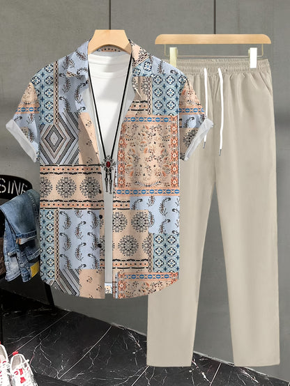 2pcs Summer Men'S Print Shirt and Pants Set Vacation 2pcs Suit, Perfect for Outdoor