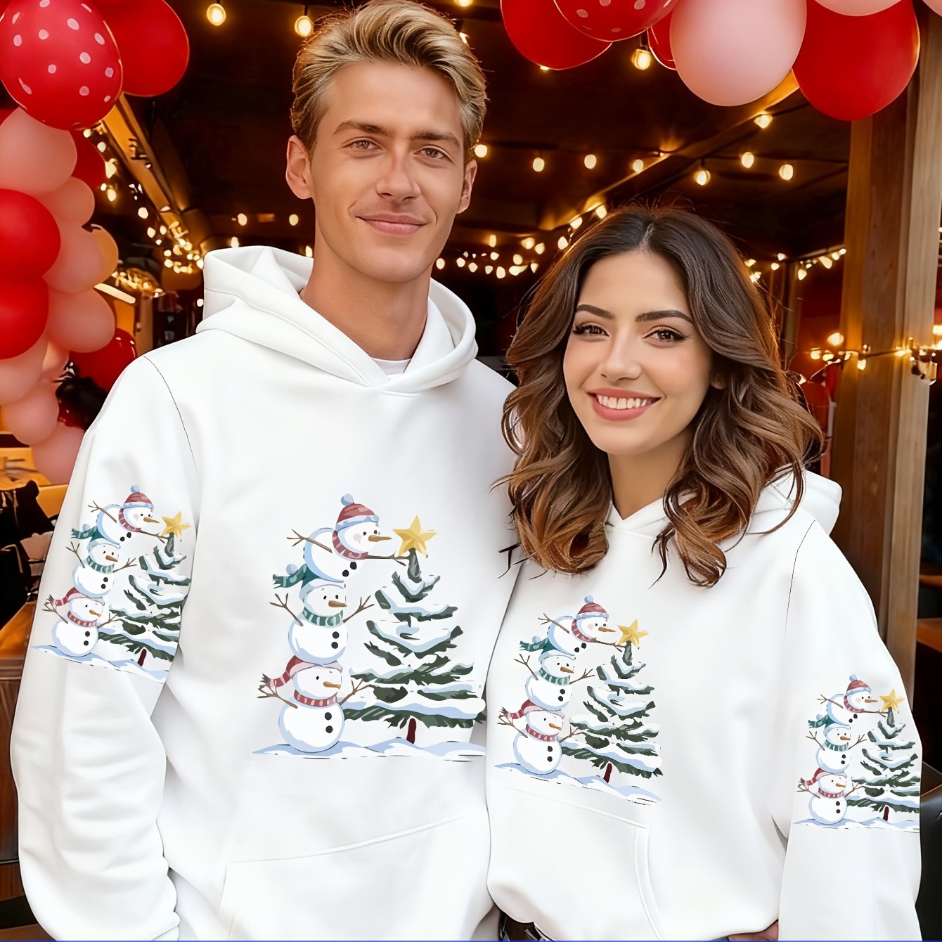1pc Couple Matching Snowman Christmas Tree Print Oversized Hooded Sweatshirt, New Arrival Valentine'S Day Outfit, Casual Elegant Stretchy Fiber Fabric, Fleece Lined Soft Warm Long Sleeve Top For Sports, Travel & All-season We