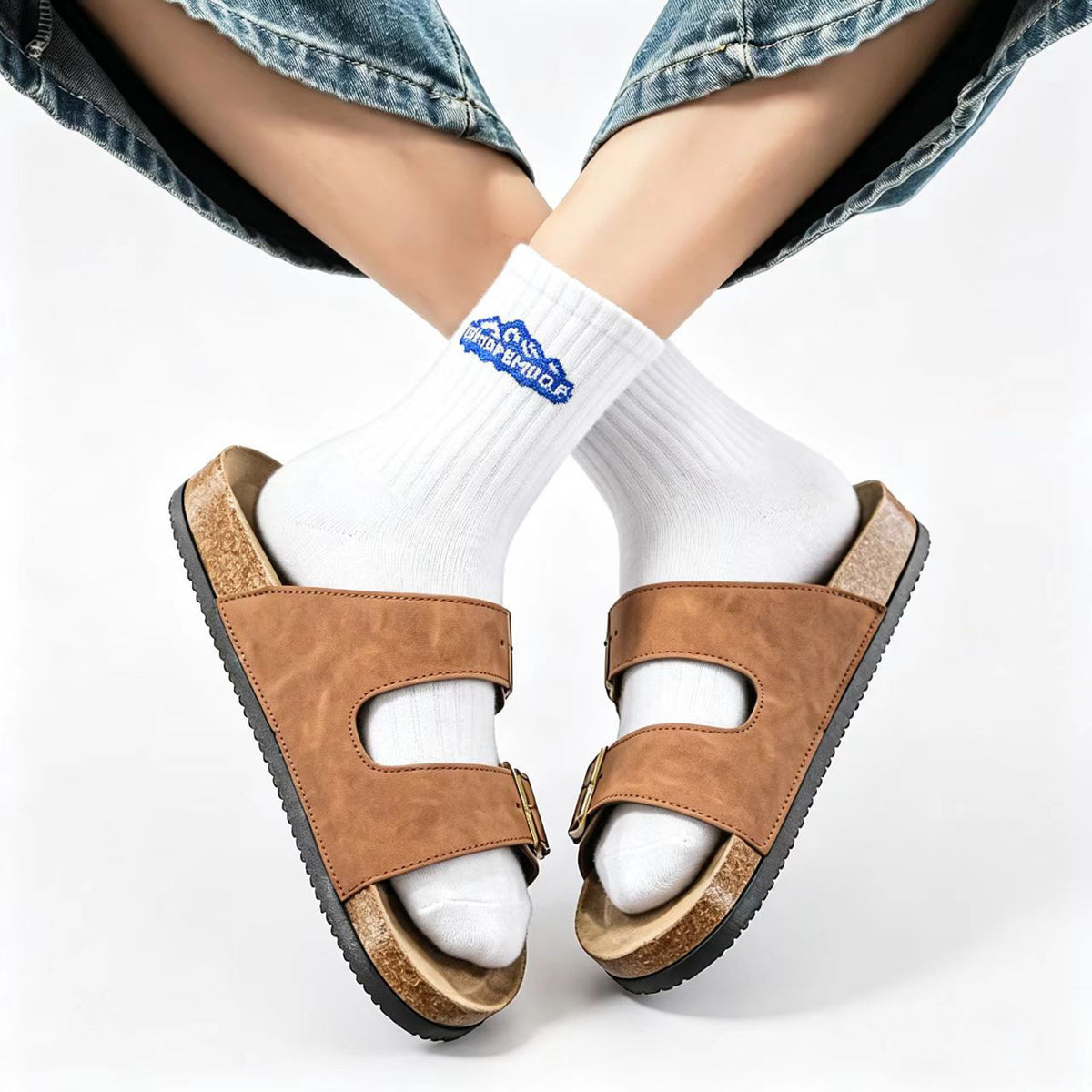Men's Double Buckle Cork Footbed Sandals with Non-Slip Sole