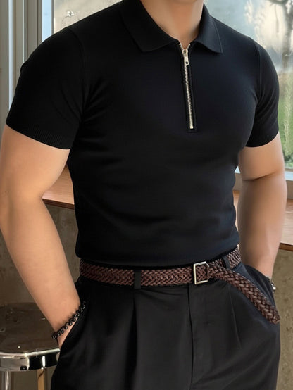 Men'S Short Sleeve Knit Polo Sweater with Lapel Collar and Zipper | Casual Solid Color Top, Slight Stretch Fabric, Ideal for Beach, Going Out, and Casual Occasions - ayq