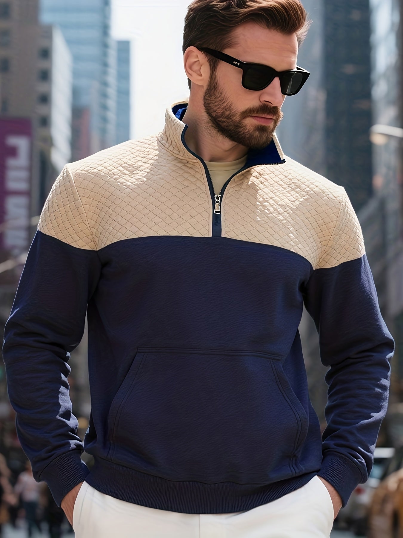 Men's Casual Half-Zip Color Block Sweatshirt with Kangaroo Pocket