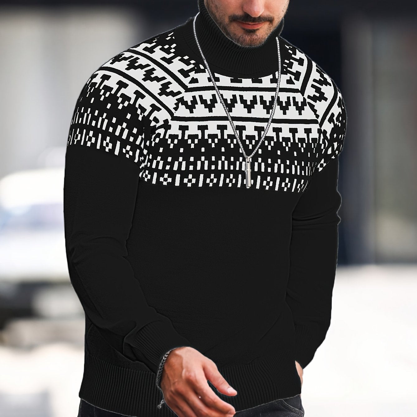 Men's Geometric Graphic Print Knitted Pullover, Casual Long Sleeve Turtle Neck Sweater For Fall Winter, Outdoor Cloth
