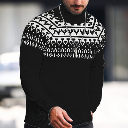 Men's Geometric Graphic Print Knitted Pullover, Casual Long Sleeve Turtle Neck Sweater For Fall Winter, Outdoor Cloth