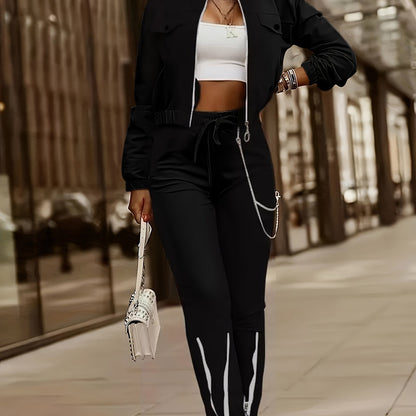 Cross-Border Women'S Two-Piece Set with Zip Long-Sleeve Top And Pants Featuring a Patchwork Zip Design, Casual Outfit