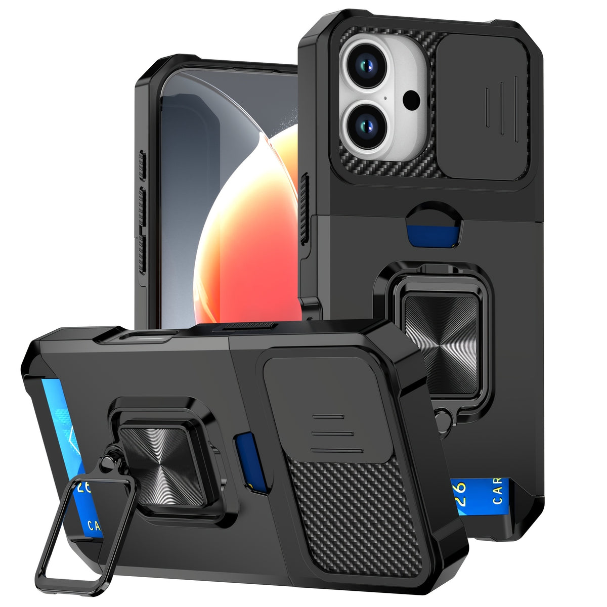 Retro PVC Phone Case with Sliding Camera Slot and Ring Stand