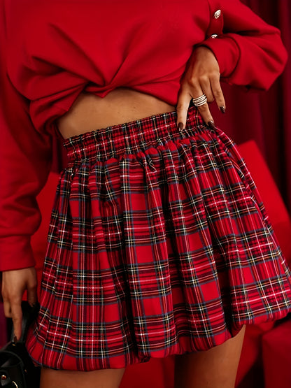 Red Plaid Fashion Bubble Skirt, Elegant and Versatile Christmas Style