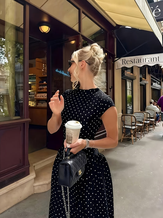 Women's Elegant Polka Dot Maxi Dress with Waist Cinch