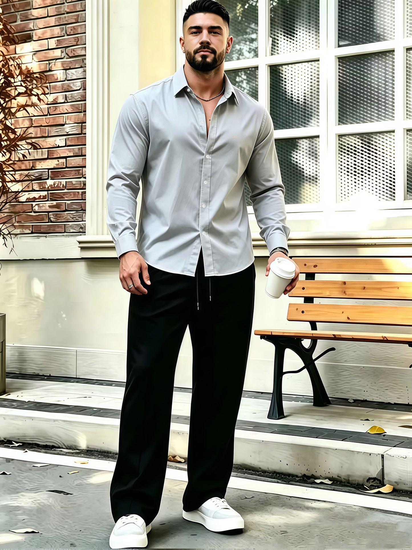 Men's Business Casual Shirt and Trousers Set - Polyester, All Season