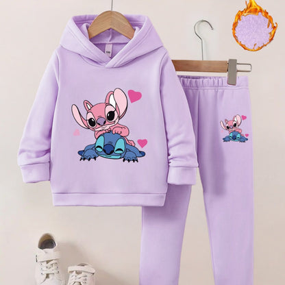 Series Stitch Girls' Two-Piece Autumn Winter New Hoodie Set - Available in Multiple Colors, Cartoon Print Embellishments, 3-10 Years Old, Outdoor Activity Fleece, for Outdoor, Thick