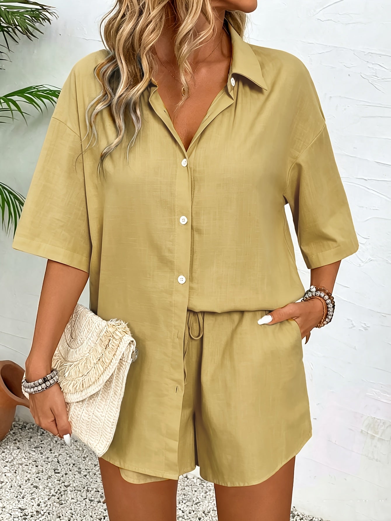 Women's Solid Casual Short Sleeve Shirt & Shorts Set - Spring/Summer