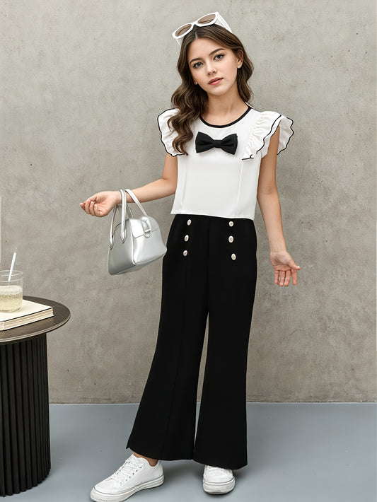 Girls' Summer Fashion Set: White Ruffle Sleeve Bow Top & Black Flared