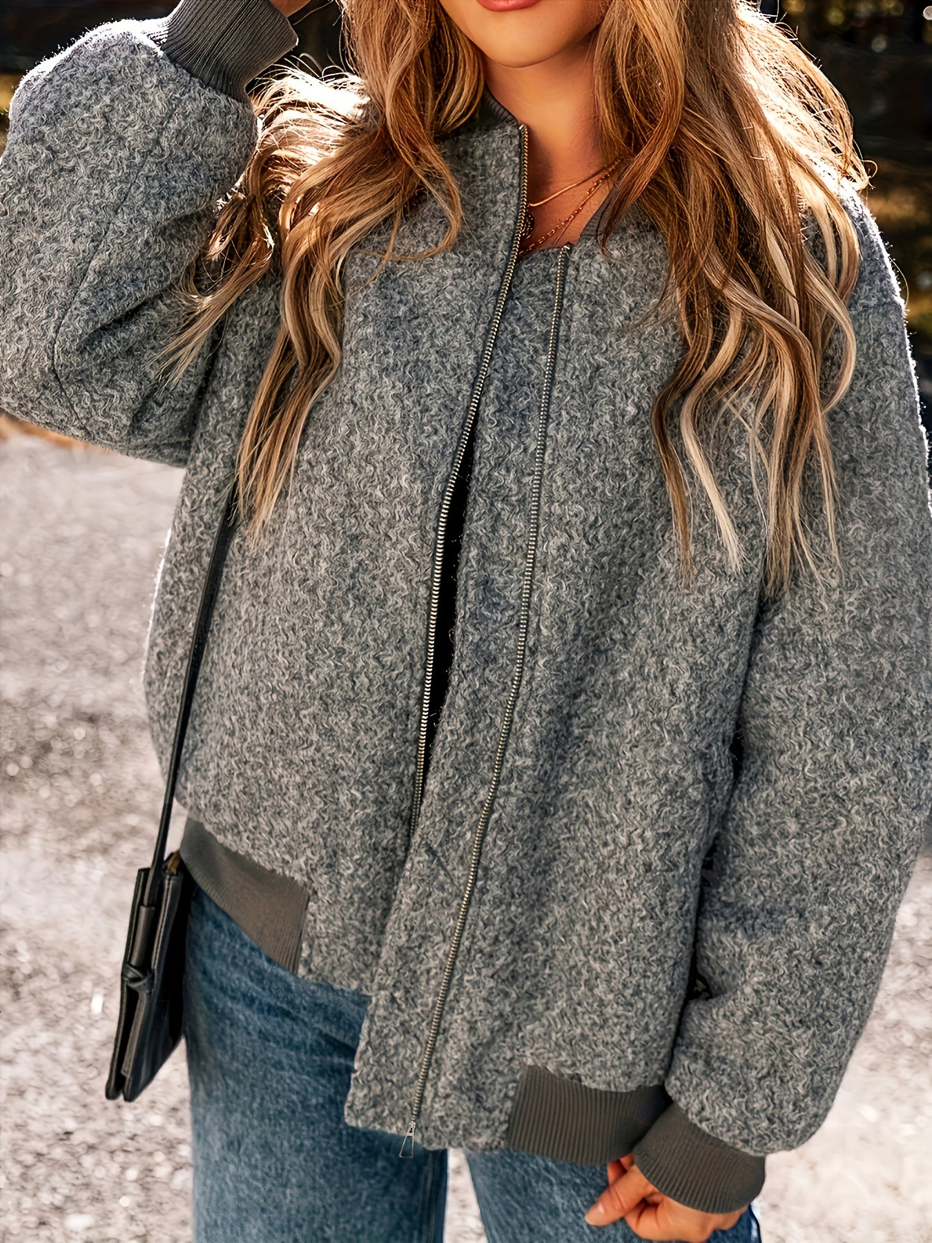 Women'S Elegant Casual Baseball Collar Jacket - Long Sleeve Zip-Up Coat with Asymmetrical Hem, Non-Stretch Fabric, Regular Fit for Spring/Fall, Casual Outerwear, Spring Fall Clothing, Chic Layering Piece, Durable Construction