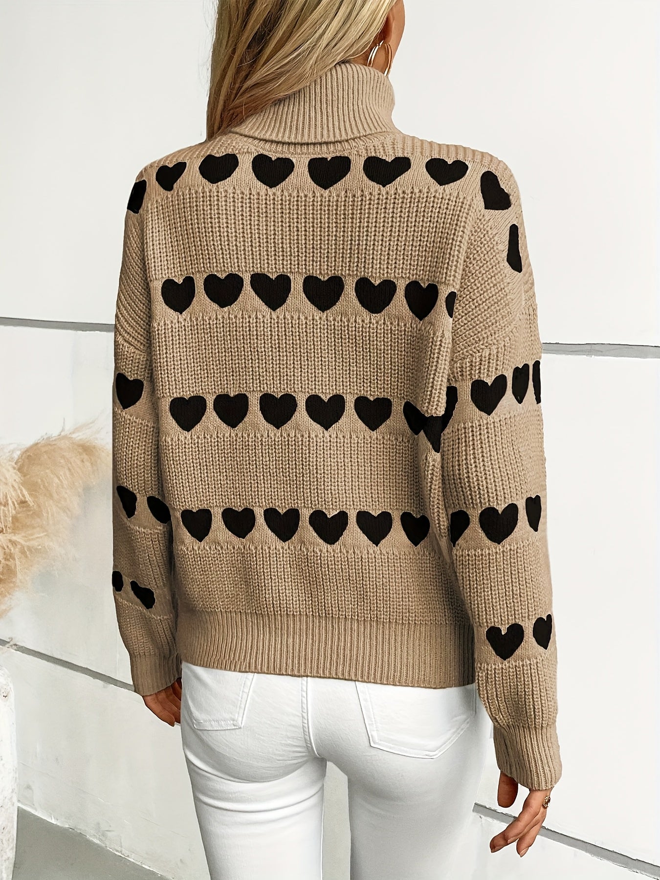 Women'S Cozy Cardigan with Heart Pattern - Long Sleeve, High Neck, Brown, Casual Fall/Winter Pullover, Loose Fit, Geometric Design, Perfect for Casual Attire, Cozy Cardigan, Red Heart Sweatshirt