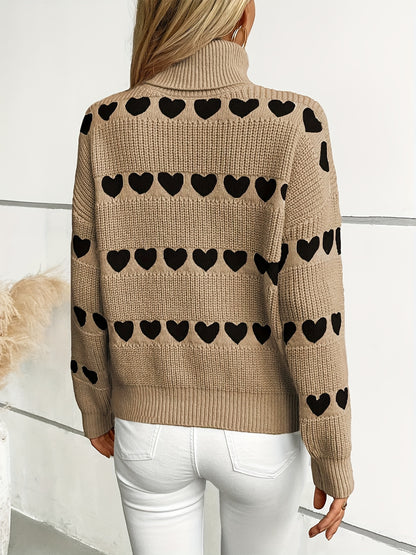 Women'S Cozy Cardigan with Heart Pattern - Long Sleeve, High Neck, Brown, Casual Fall/Winter Pullover, Loose Fit, Geometric Design, Perfect for Casual Attire, Cozy Cardigan, Red Heart Sweatshirt