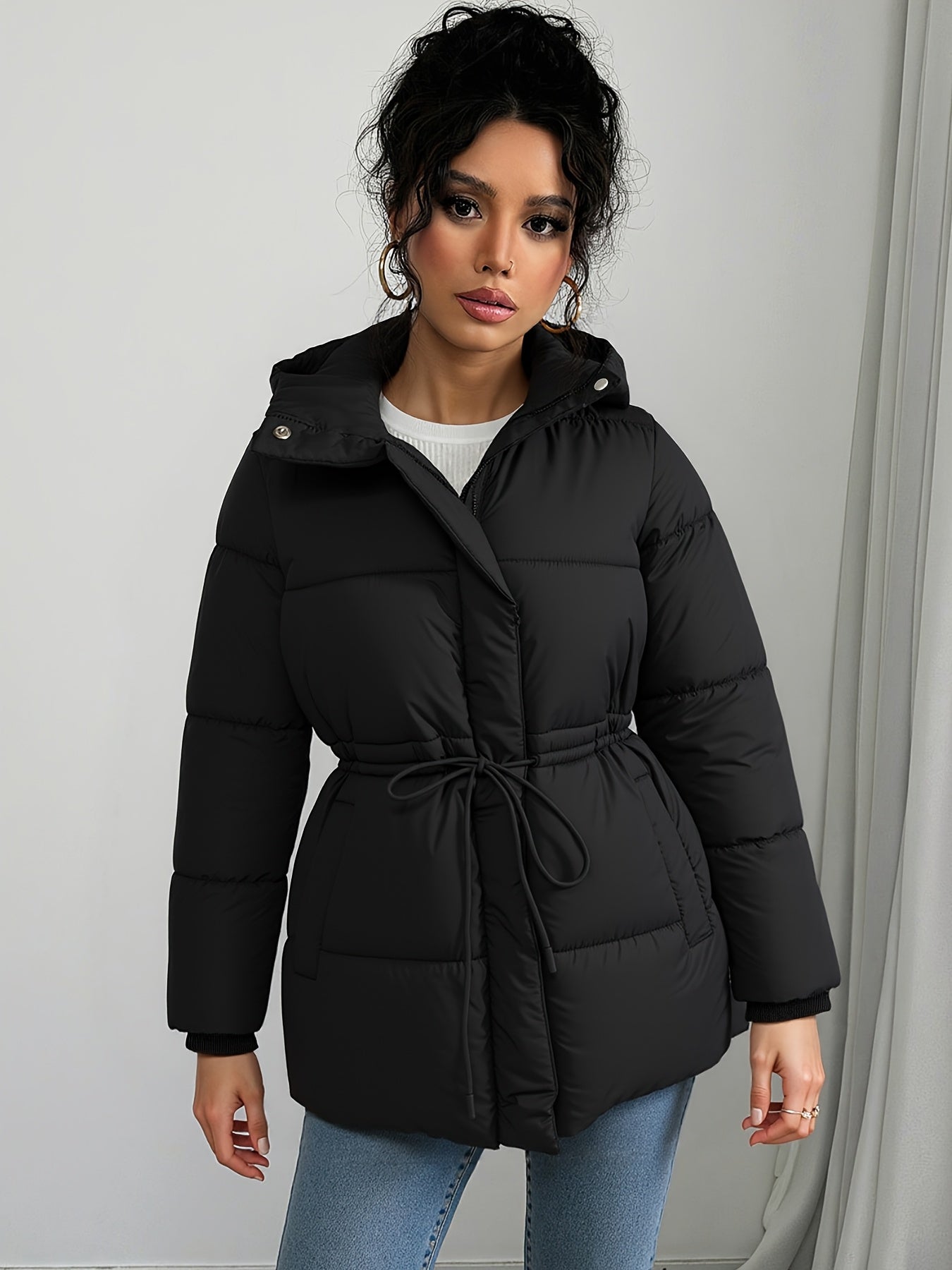 Women'S Elegant Black Puffer Jacket - Mid-Length Loose Fit with Adjustable Drawstring Waist, Long Sleeves, and Front Zipper, Casual Winter Outerwear for Cold Weather, Winter Jacket