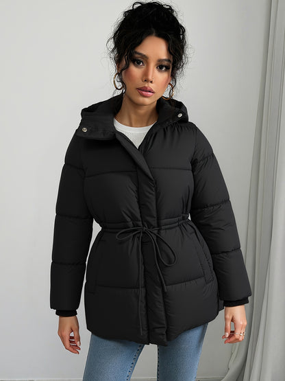 Women'S Elegant Black Puffer Jacket - Mid-Length Loose Fit with Adjustable Drawstring Waist, Long Sleeves, and Front Zipper, Casual Winter Outerwear for Cold Weather, Winter Jacket