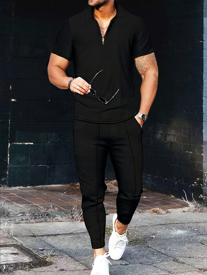 Men's Fashion Short-Sleeve Long-Pants Waffle Knit Zip-Up Turn- Collar Casual Two-Piece Set