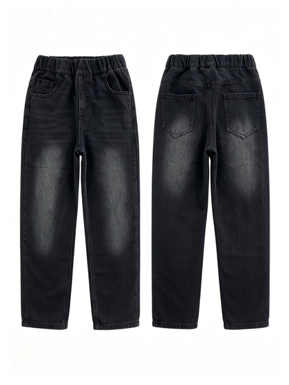Boys' Casual Black Straight-Leg Jeans with Elastic Waist