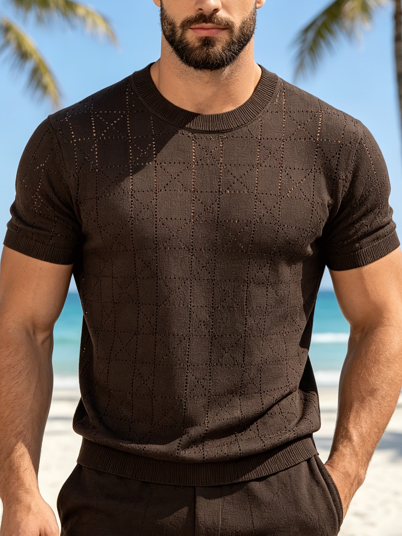 Men's Loose Fit Short Sleeve Hollow Knit Crew Neck Top