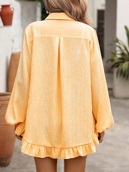 Women's Striped Bubble Crepe Button-Down Shirt & Shorts Set