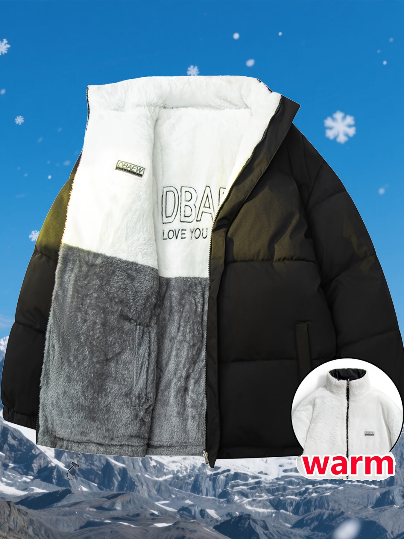 Men's Dual-Sided Insulated Jacket with Full-Zip Closure & Stand Collar - Reversible Winter Coat with Warm Filling, Machine Washable, White & Black Outer Layers, Casual & Formal Outerwear for Skiing, Snowboarding, Everyday Use