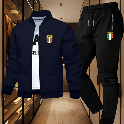 Men'S Trendy Design Jacket Two-Piece Suit with Five-Pointed Star Print, Casual Youth Casual Sports Jacket Suit